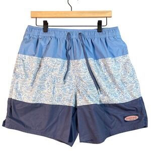 Vineyard Vines Swim Trunks Mens Medium Blue Tarpon Fish Print Elastic Drawstring